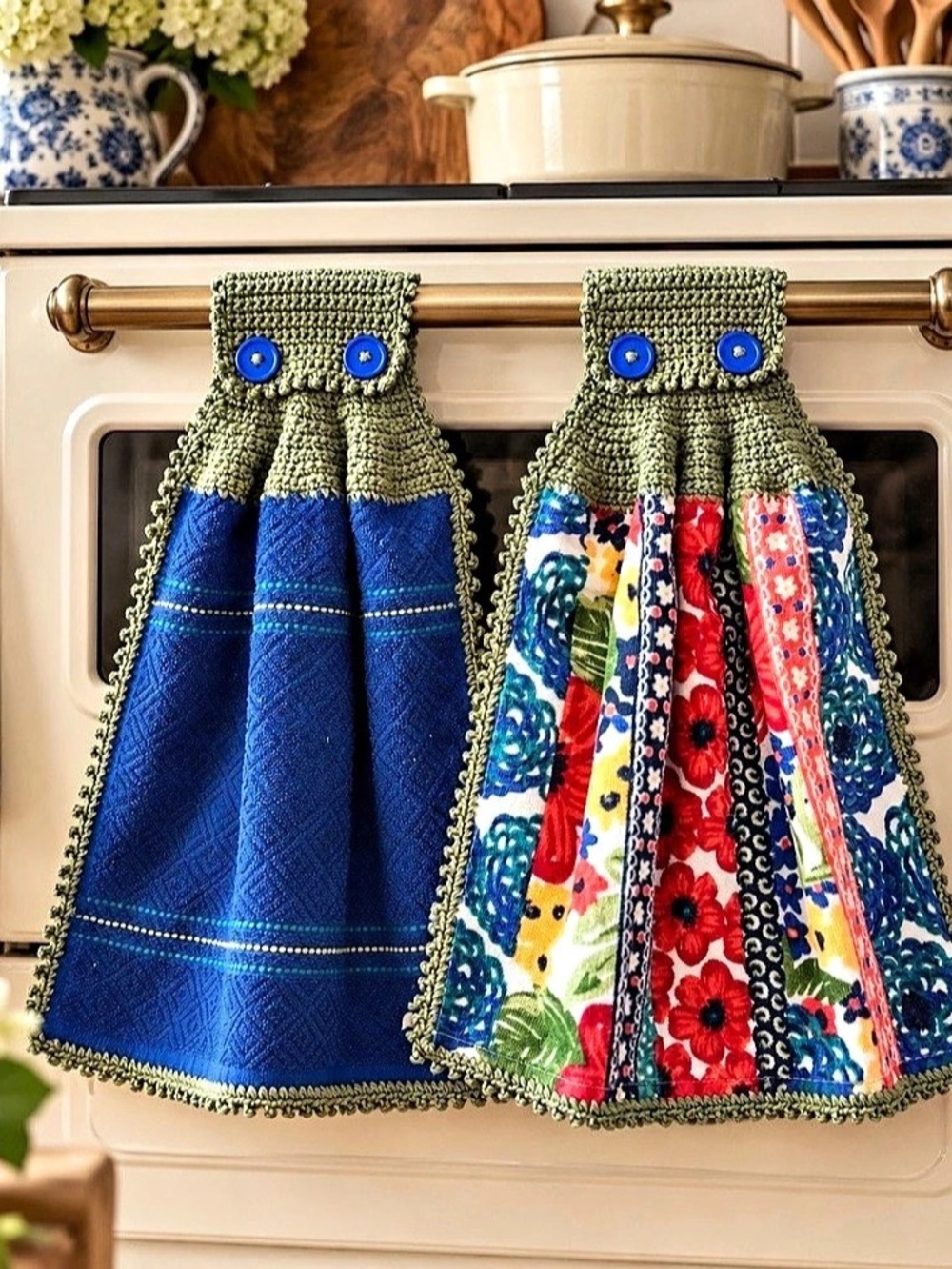 Artisan Handmade Crochet Hanging Kitchen Towels Set of 2 Blue Floral Sage Yarn